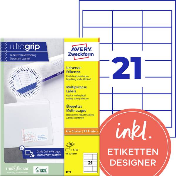Avery-Zweckform 3670 Etiquette universelles 64 x 36 mm papier blanc 2100 pc(s) fixation permanente  imprimante laser, imprimante laser couleur