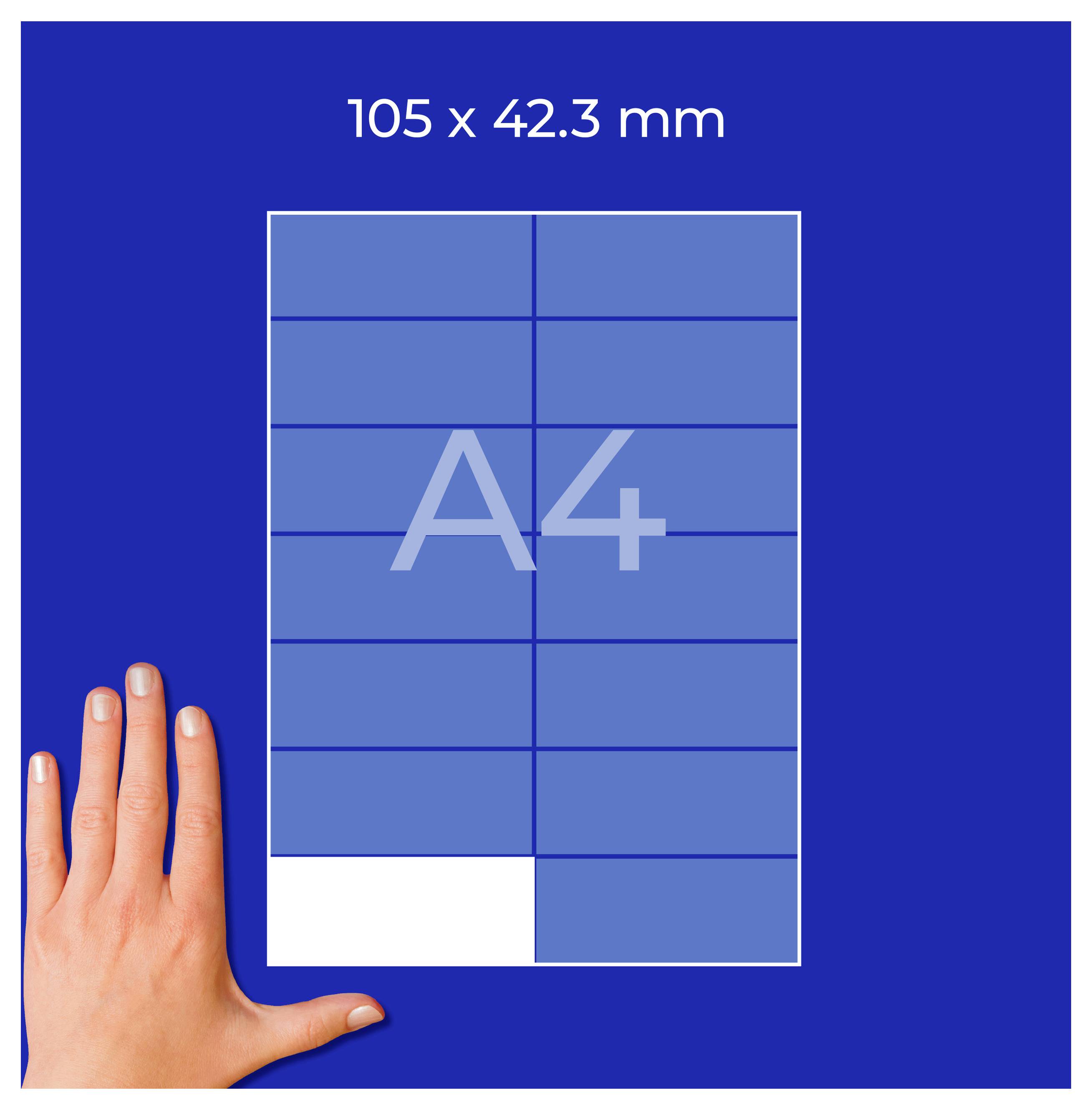 La main compare une mise en page A4 de 105 x 42,3 mm avec une grille et une zone marquée.