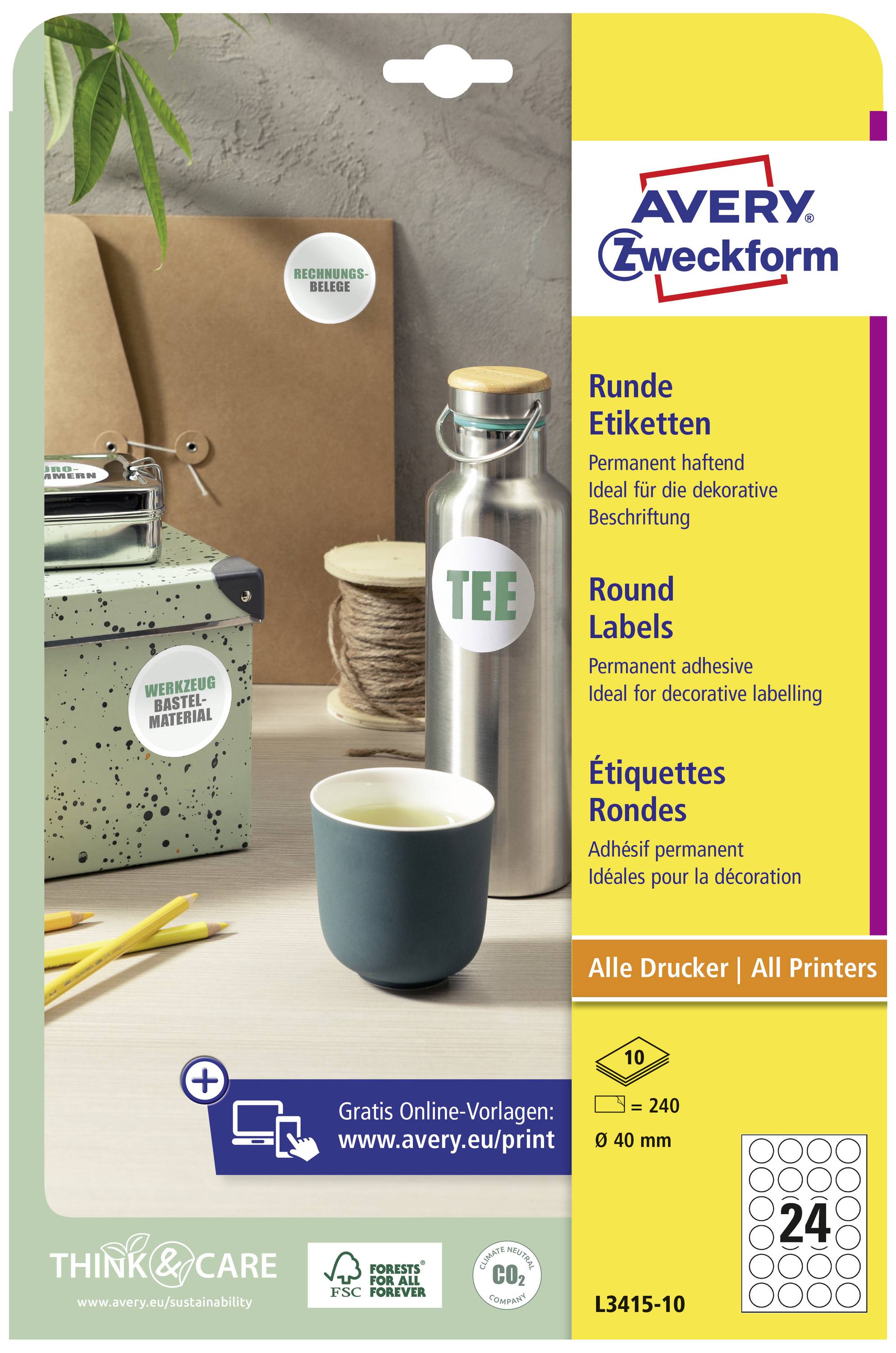 'Étiquettes rondes Avery Zweckform, 240 pièces, adhésives permanentes. Illustré : Bouteille, Tasse, Exemples d'étiquettes d'impression.'