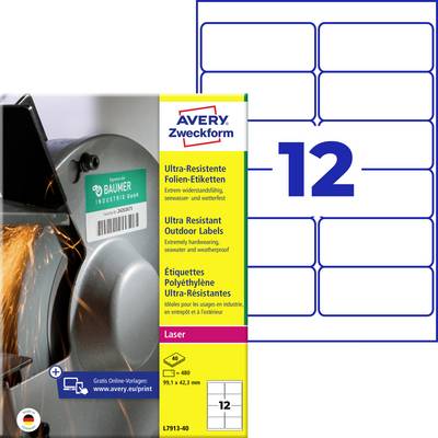 Un paquet d'étiquettes en feuille ultra-résistantes Avery Zweckform, avec 12 étiquettes par feuille, adaptées pour une utilisation en extérieur.