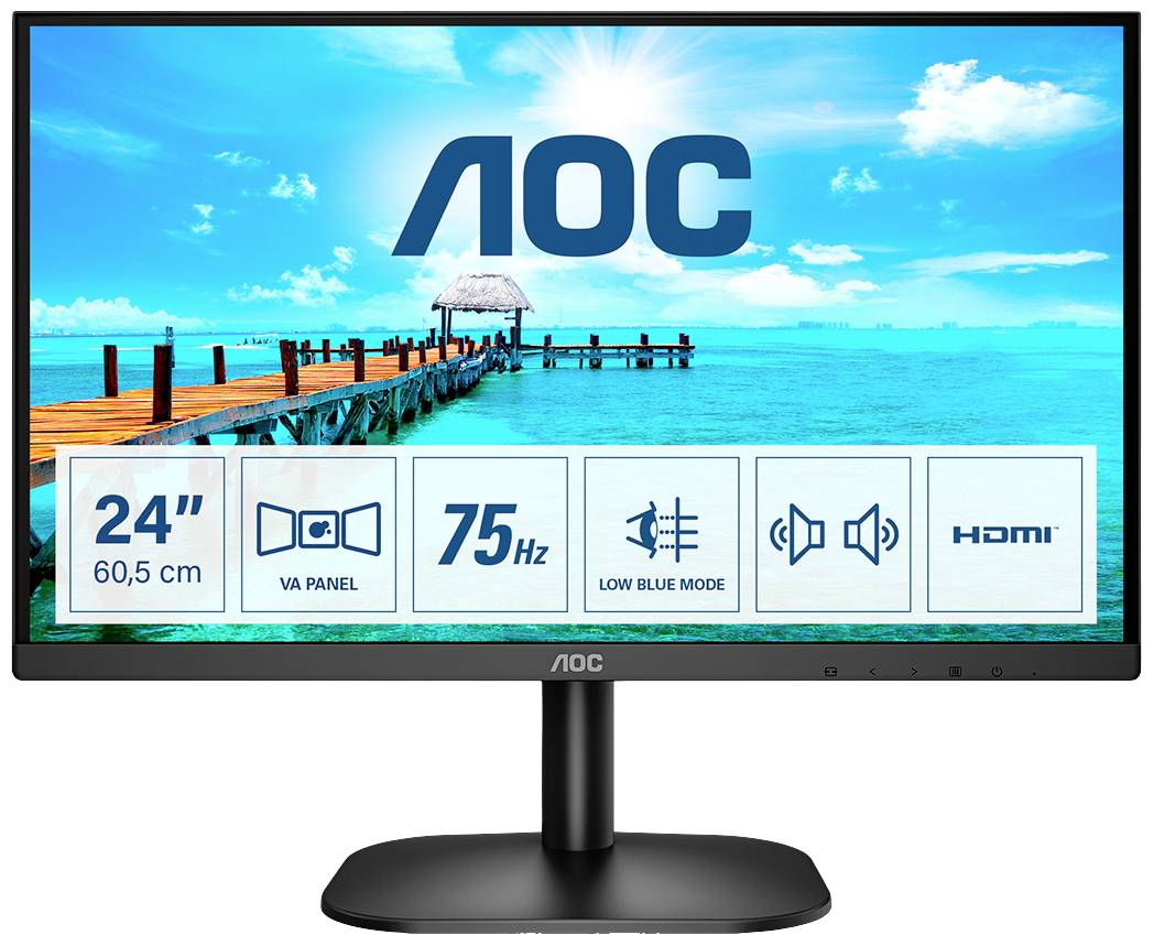 Un moniteur AOC affiche un paysage de plage. Caractéristiques : 24 pouces, panneau VA, 75 Hz, mode Lumière Bleue Faible, connexion HDMI.