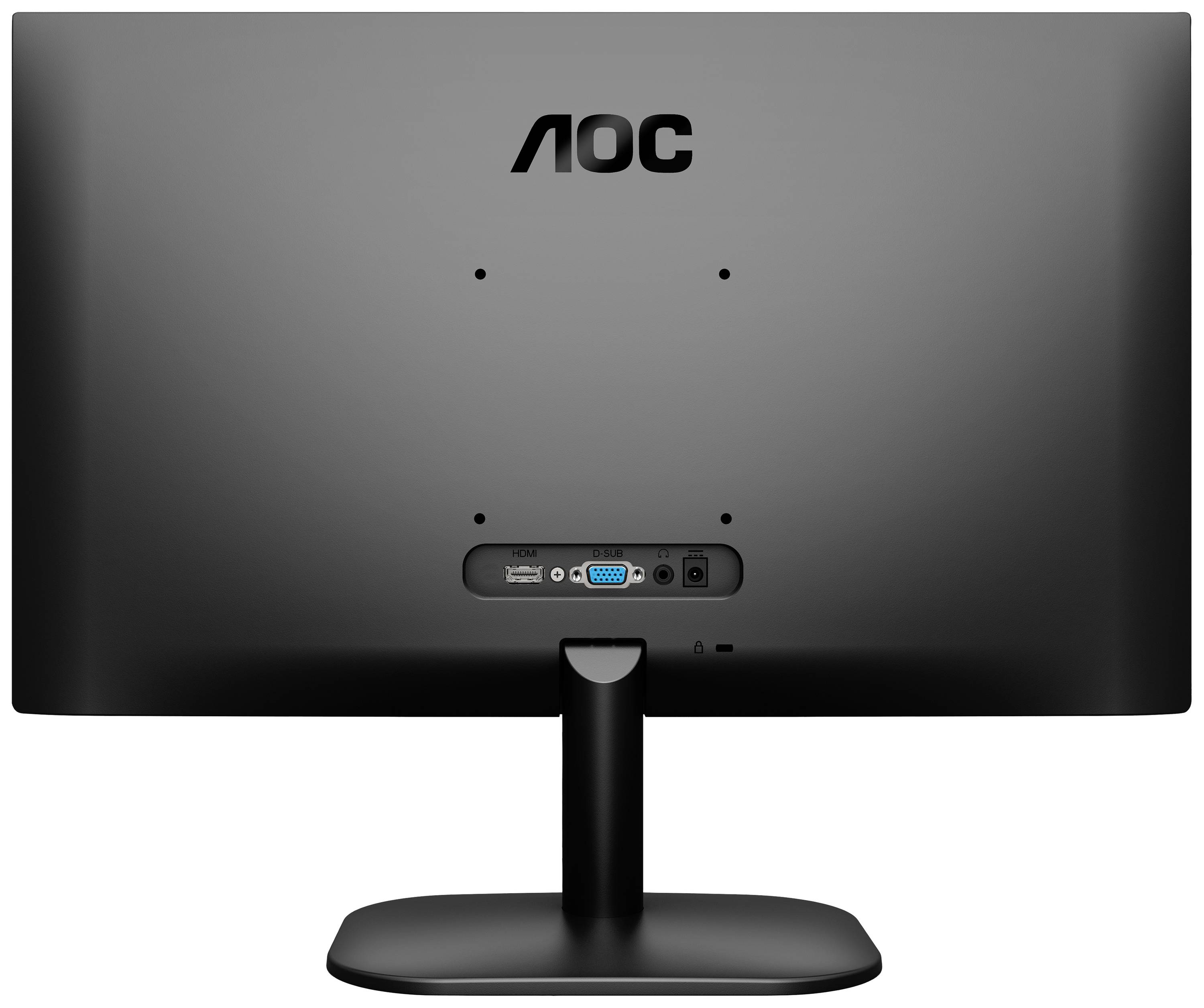 Vue arrière d'un écran AOC. Connexions visibles : VGA et HDMI. Design noir avec socle brillant.