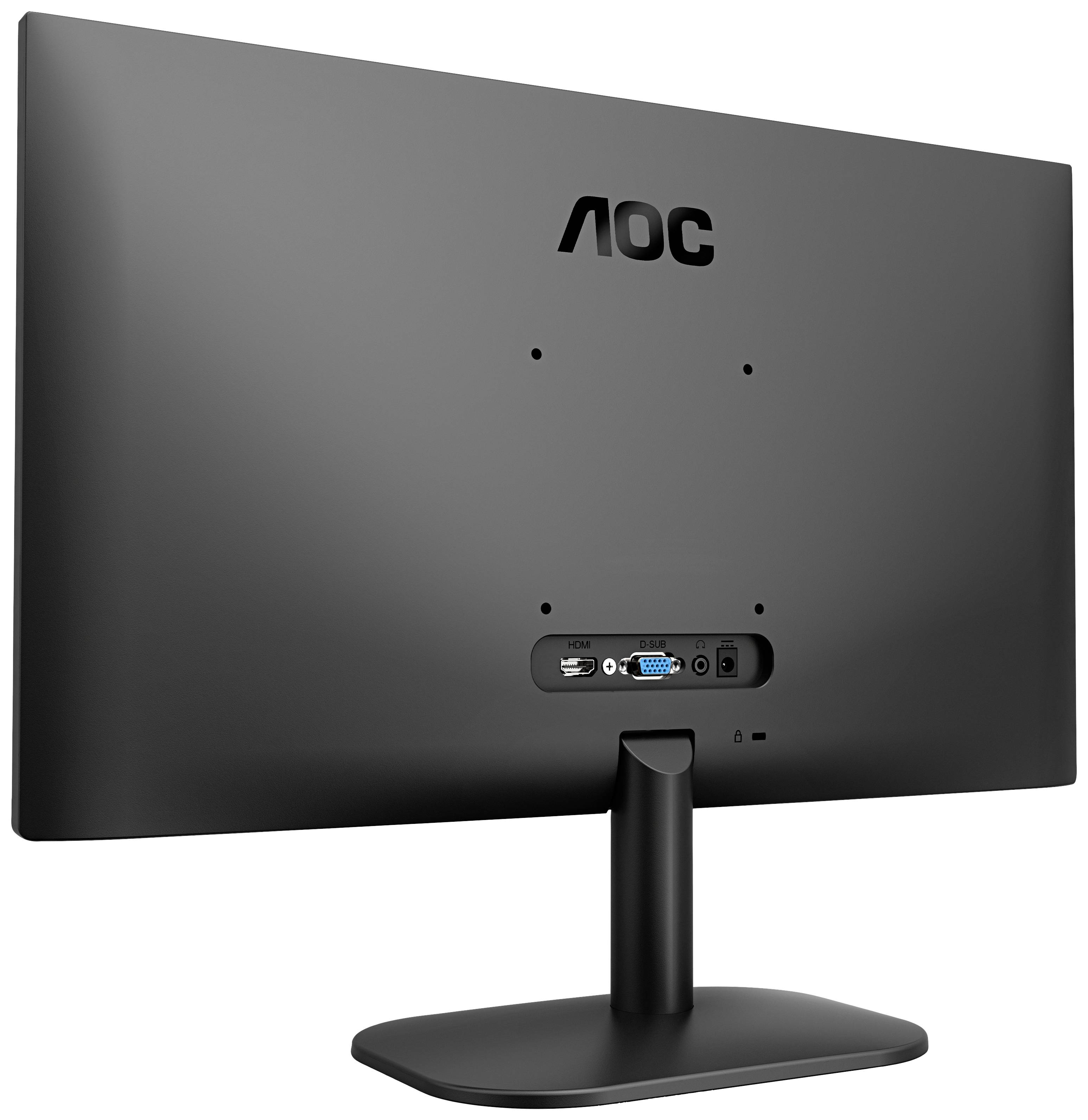Un moniteur AOC avec un boîtier noir, vu de dos. On peut y voir des options de connexion telles que HDMI et VGA.