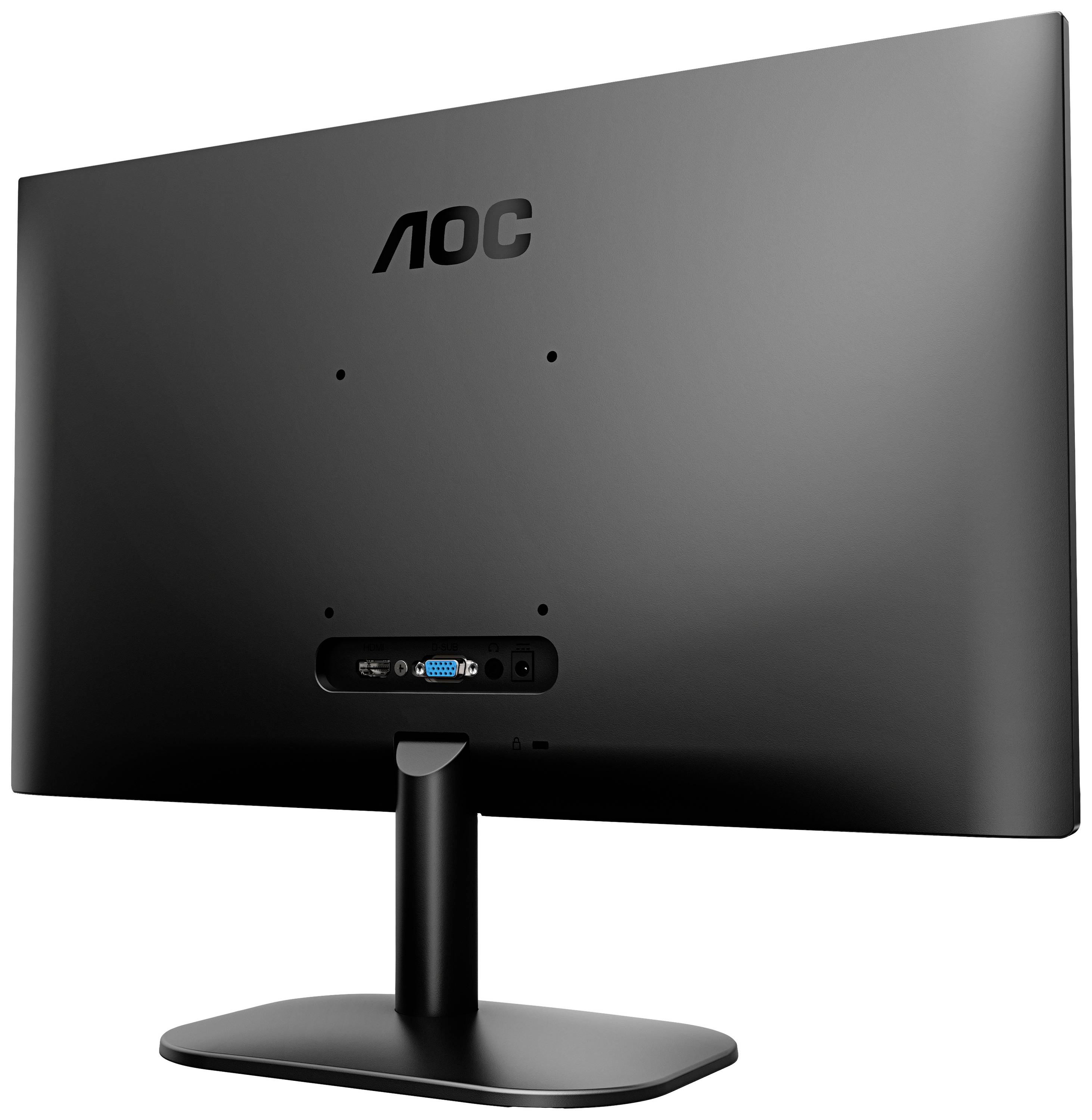 Un moniteur d'ordinateur noir de la marque AOC, vu de dos avec des ports VGA et d'alimentation, posé sur un socle stable.