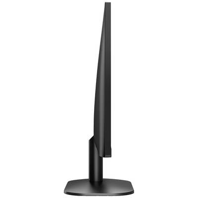 Vue latérale d'un moniteur d'ordinateur noir et fin sur un socle, mettant en valeur son design élégant.