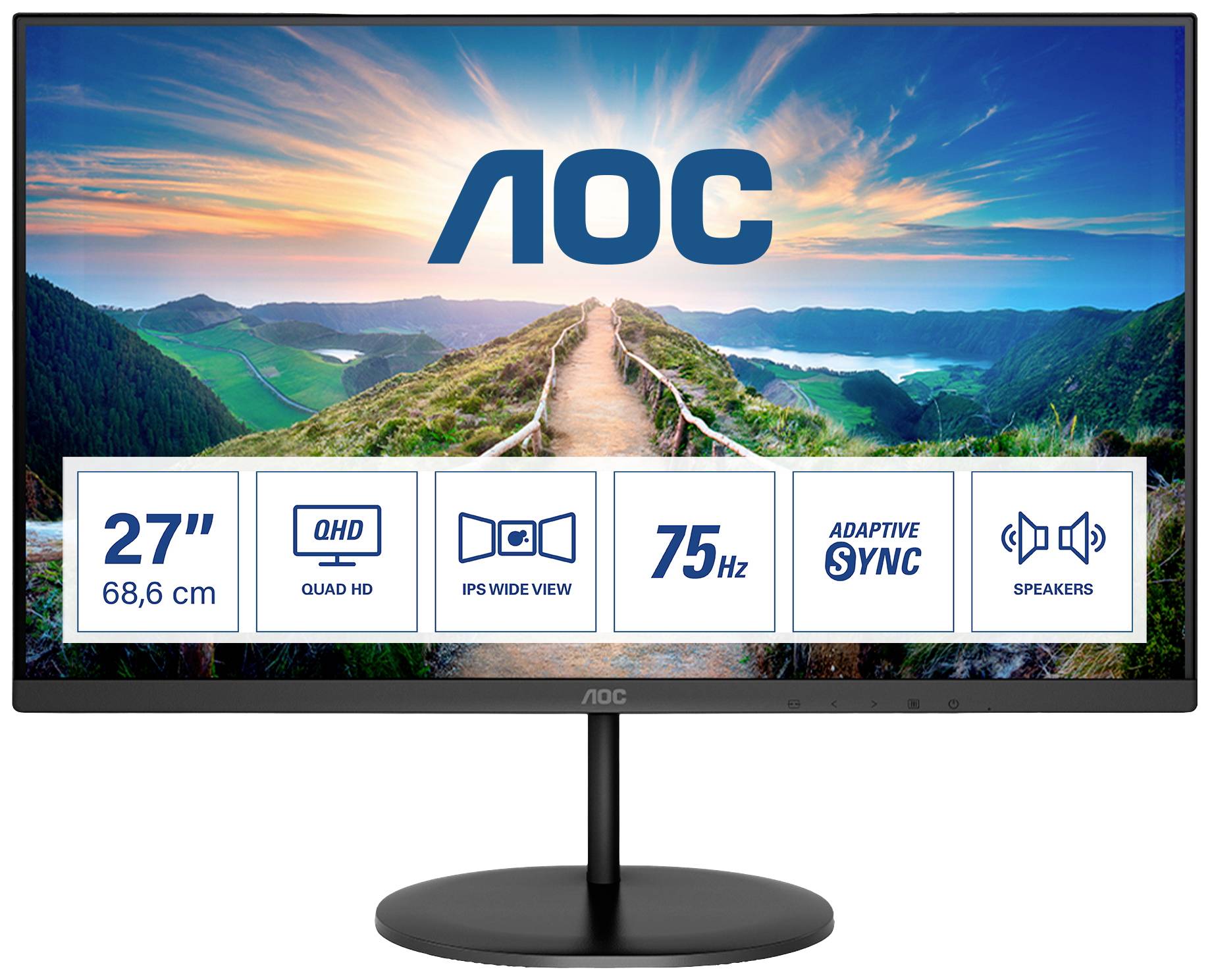 Un moniteur AOC de 27 pouces, 75 Hz et résolution Quad HD. Il offre la synchronisation adaptative et des haut-parleurs intégrés. Image de paysage sur l'écran.