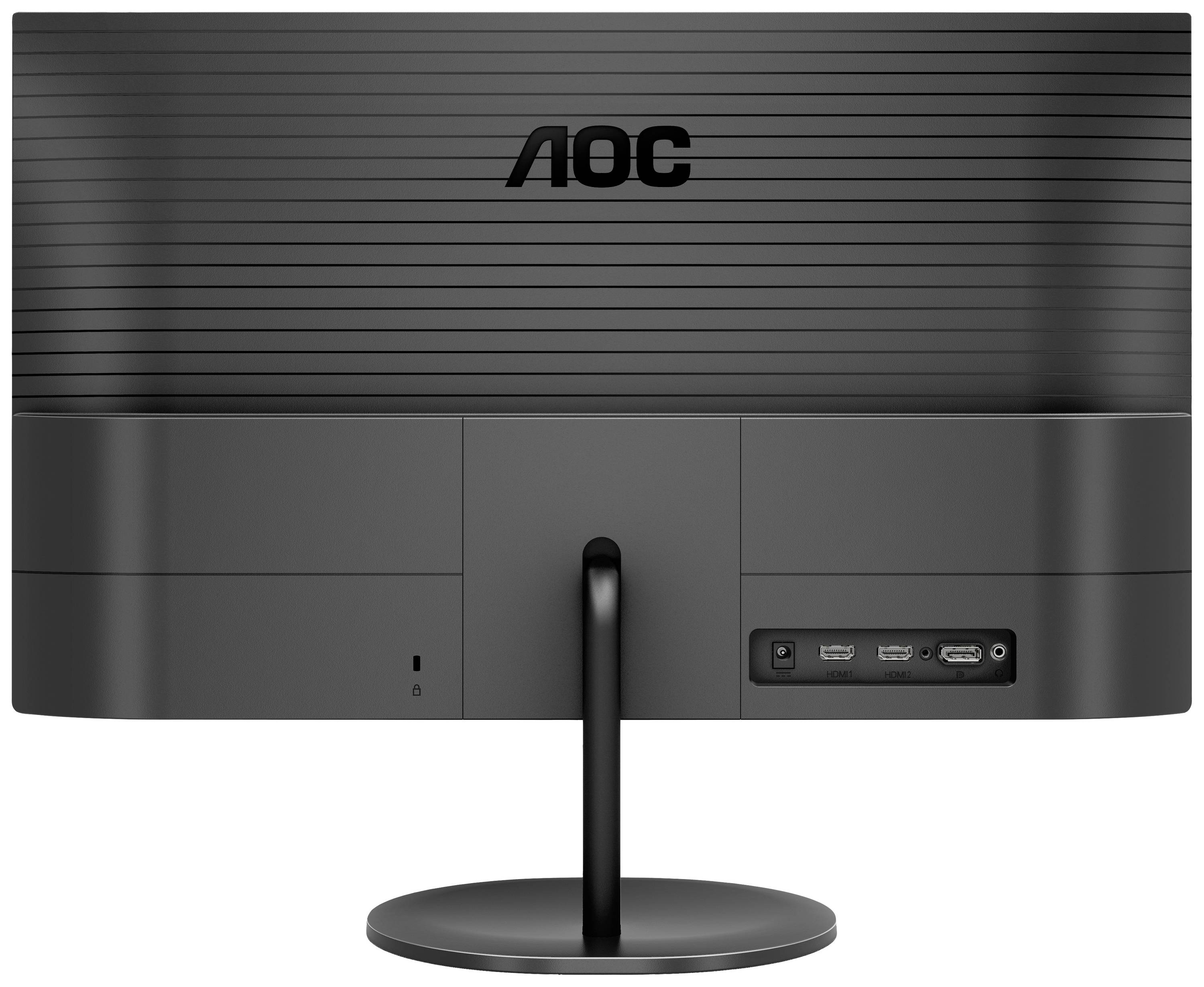 Un écran d'ordinateur noir vu de dos ; affiche le logo AOC en haut et plusieurs options de connexion en bas à droite.