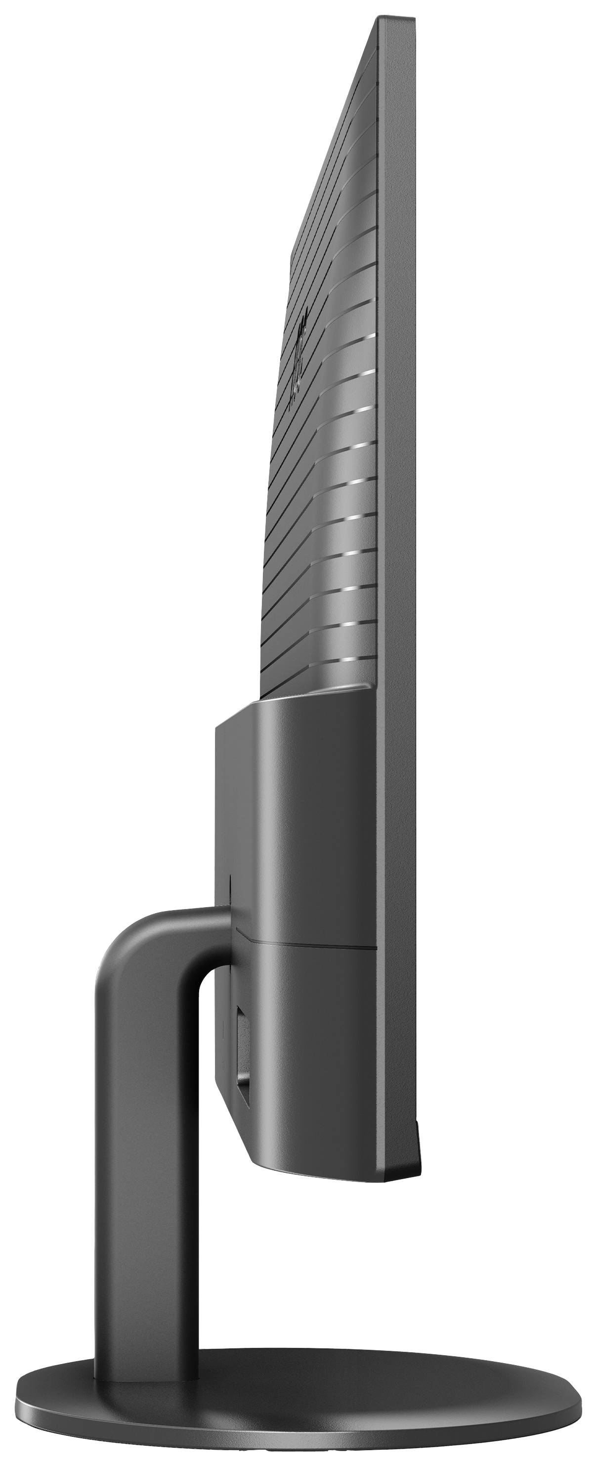 Vue latérale d'un moniteur d'ordinateur noir sur un socle, montrant son design élégant avec un cadre étroit et une base stable.