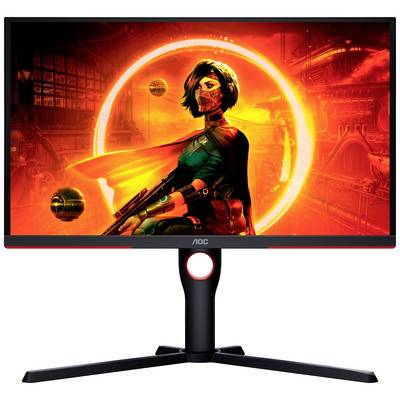 Un écran affiche une œuvre d'art graphique représentant une femme futuriste portant une cape, sur un fond rouge, avec un halo lumineux circulaire derrière elle.