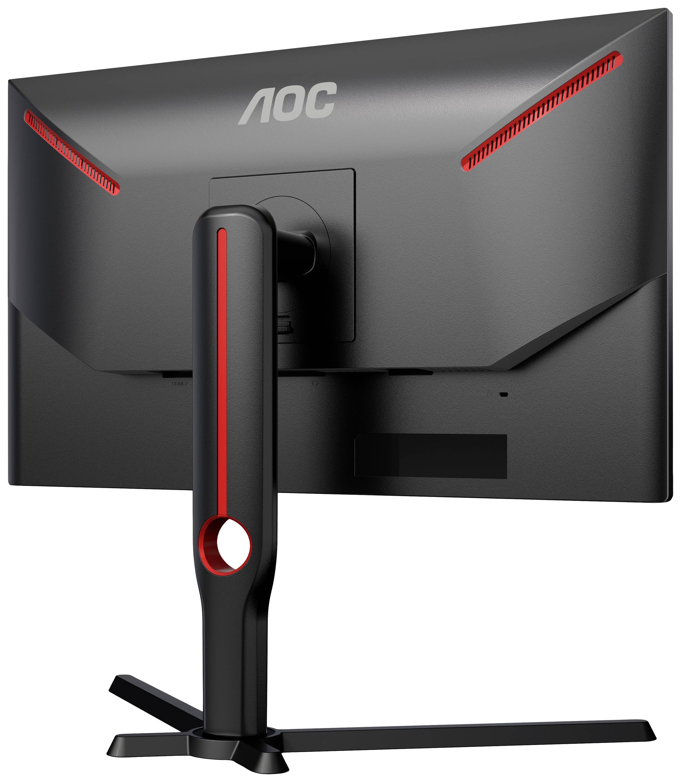 Un écran d'ordinateur AOC vu de dos, présentant un design moderne avec des accents rouges et un support fin.