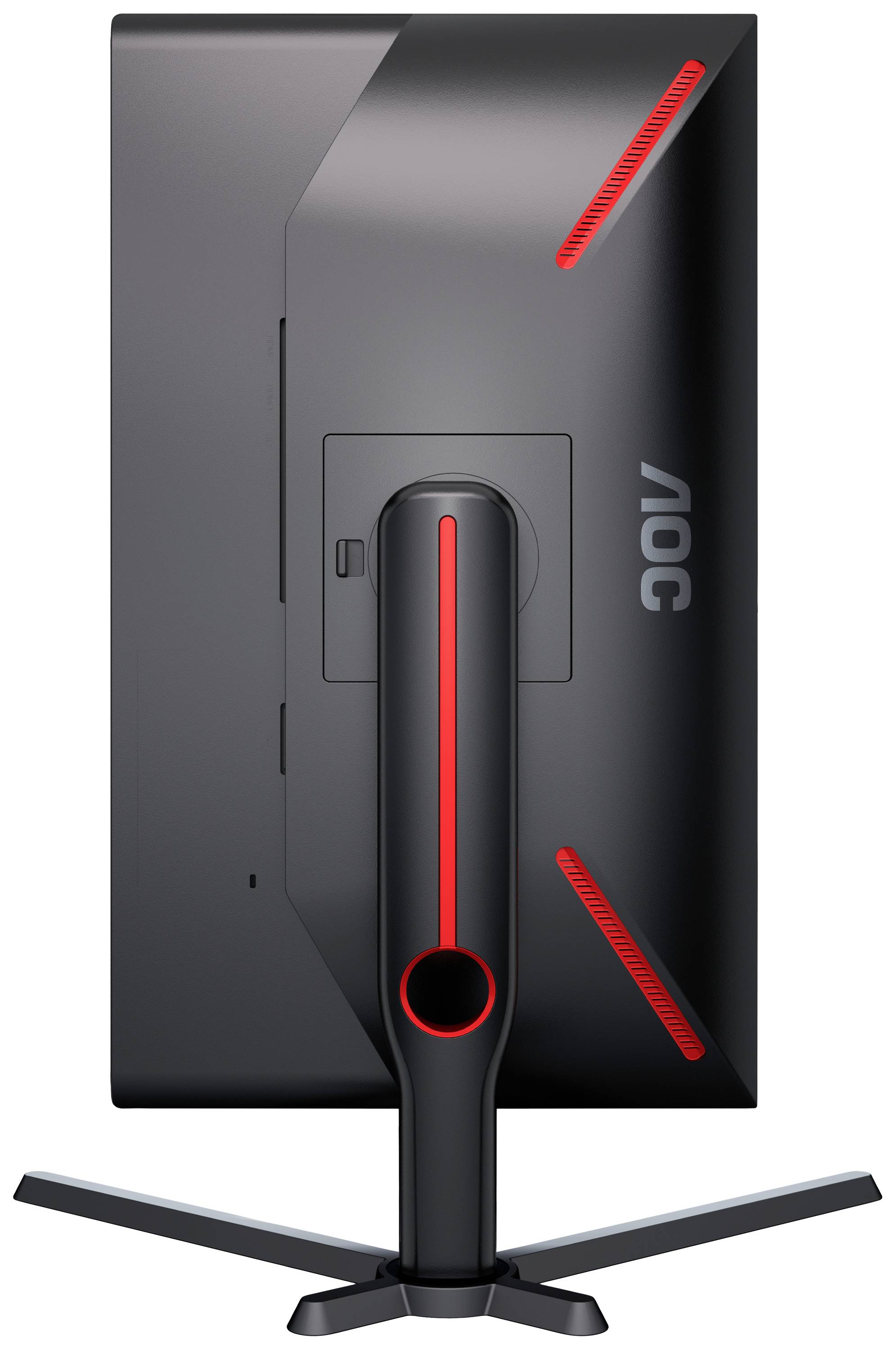 Un moniteur d'ordinateur noir vu de dos, avec des accents rouges et un support stable.