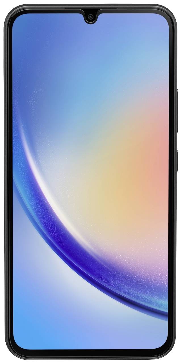 Un smartphone moderne avec un écran sans bordures affiche un arrière-plan abstrait aux tons bleus et orangés.
