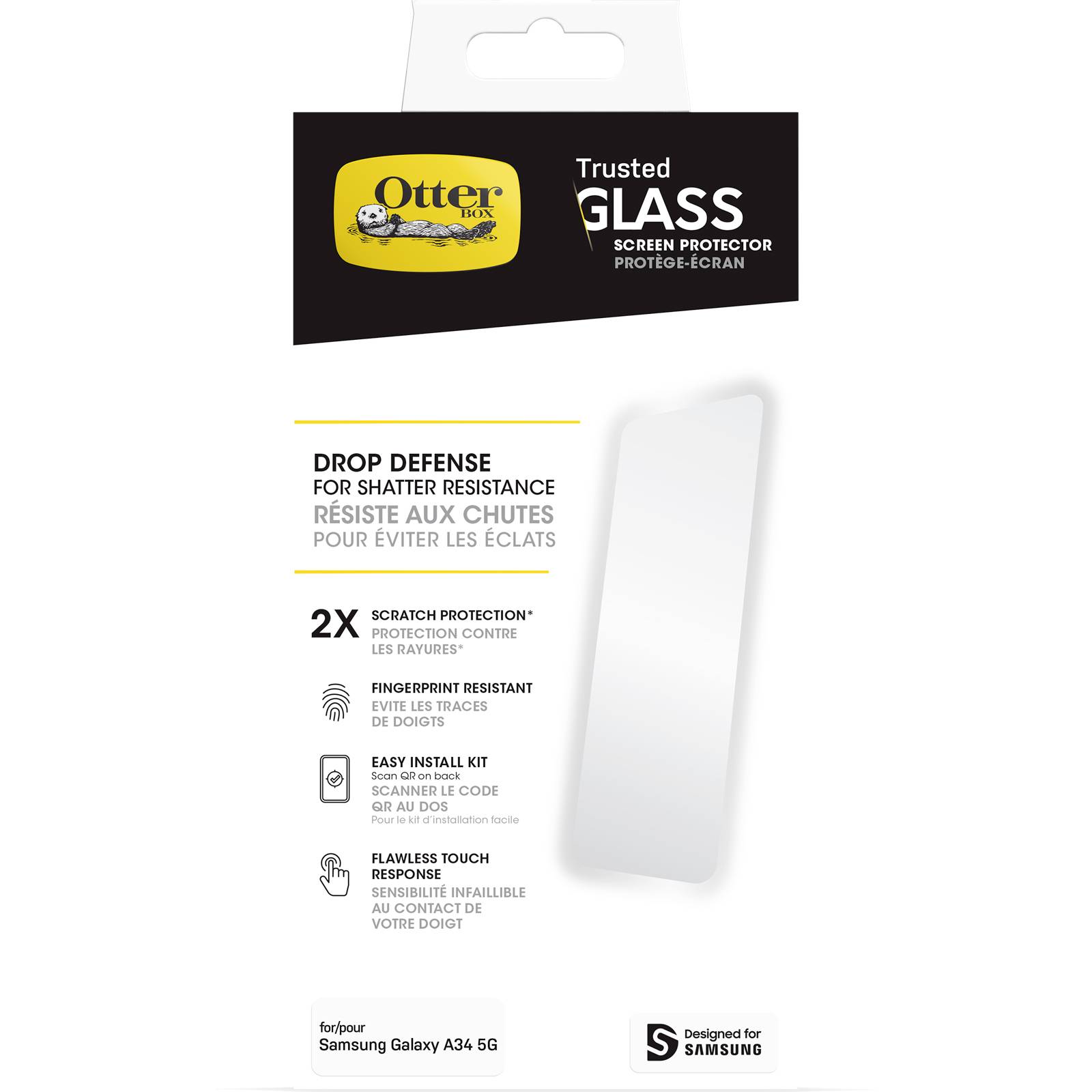 Emballage d'un protecteur d'écran 'OtterBox Trusted Glass' pour Samsung Galaxy A34 5G avec des informations sur les fonctions de protection et l'installation facile.