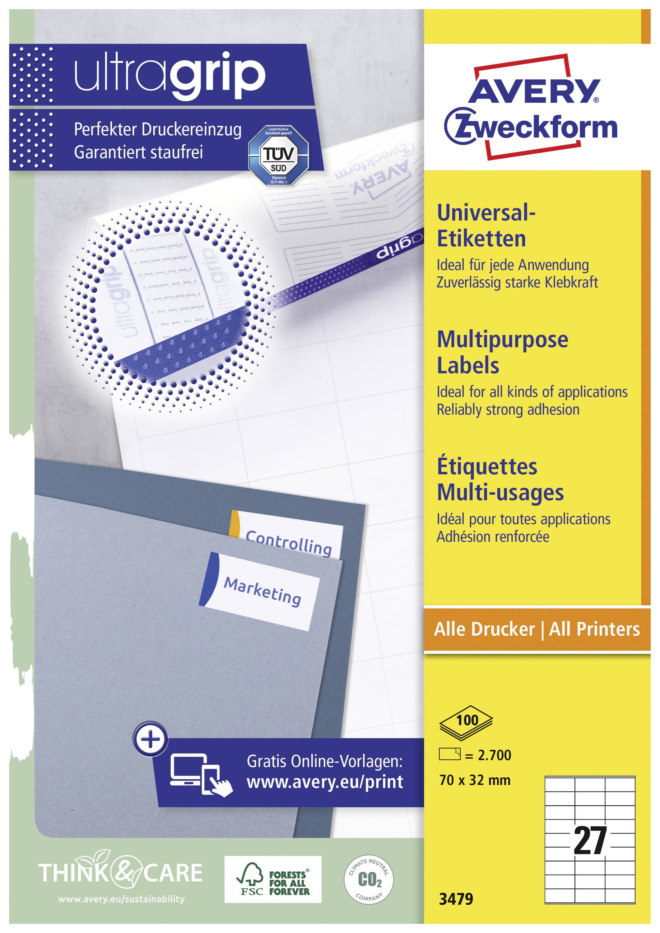 Emballage d'étiquettes universelles 'Ultragrip'. Sur le devant, des étiquettes sont visibles. Convient à toutes les imprimantes. Format : 70 x 32 mm.