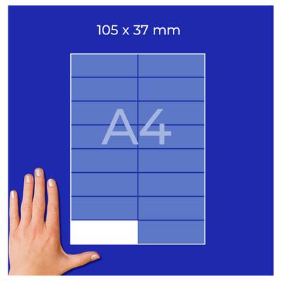 Étiquette A4 aux dimensions de 105 x 37 mm sur fond bleu, à côté d'une main comme comparaison de taille.