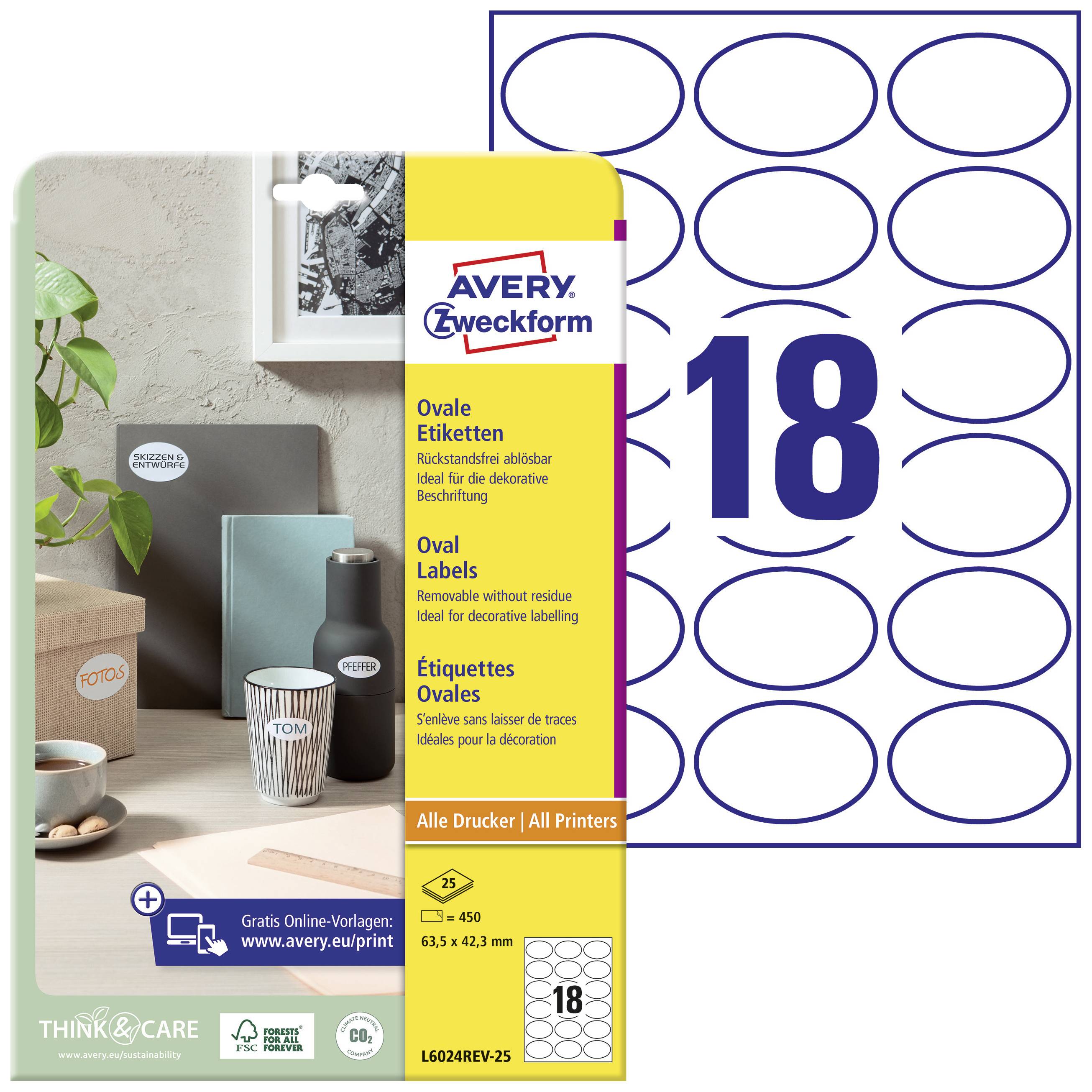 'Étiquettes ovales Avery Zweckform, idéales pour des étiquetages décoratifs. Conviennent à toutes les imprimantes. 18 étiquettes par feuille, modèles en ligne gratuits disponibles.'