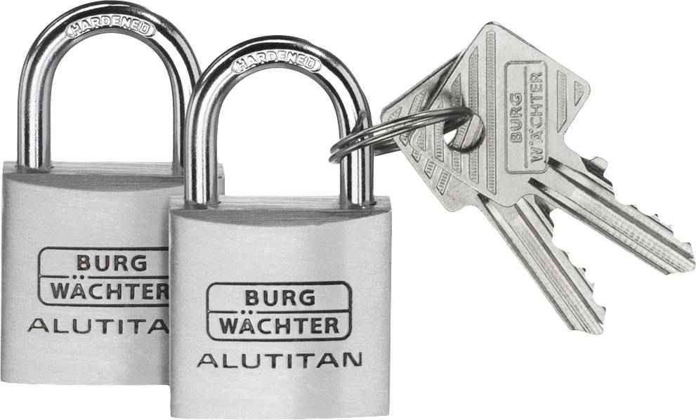 Deux cadenas argentés de la marque 'Burg Wächter' avec trois clés correspondantes.
