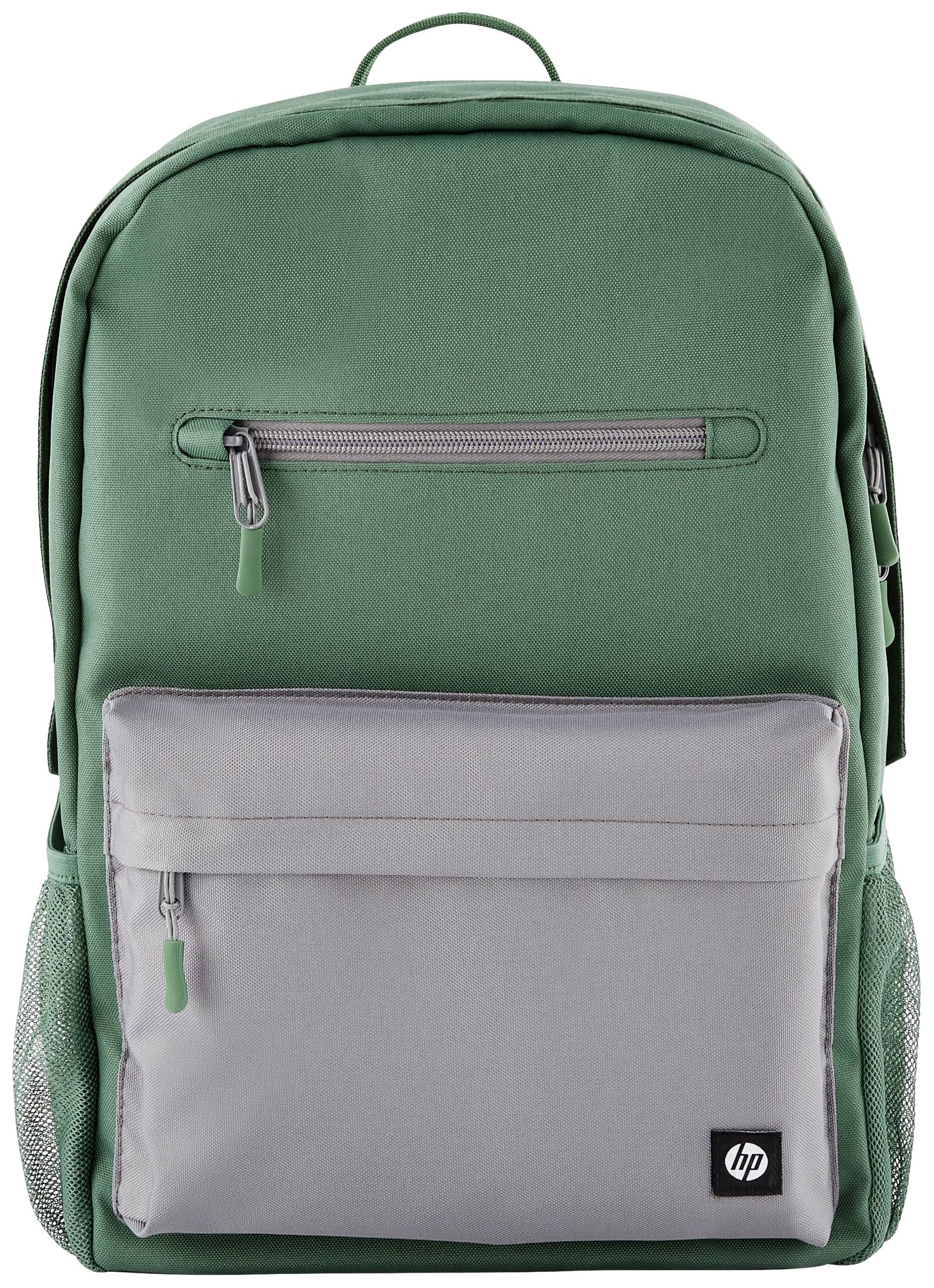 Un sac à dos vert avec une poche avant grise et une fermeture éclair. Un logo du fabricant est visible sur la face avant.