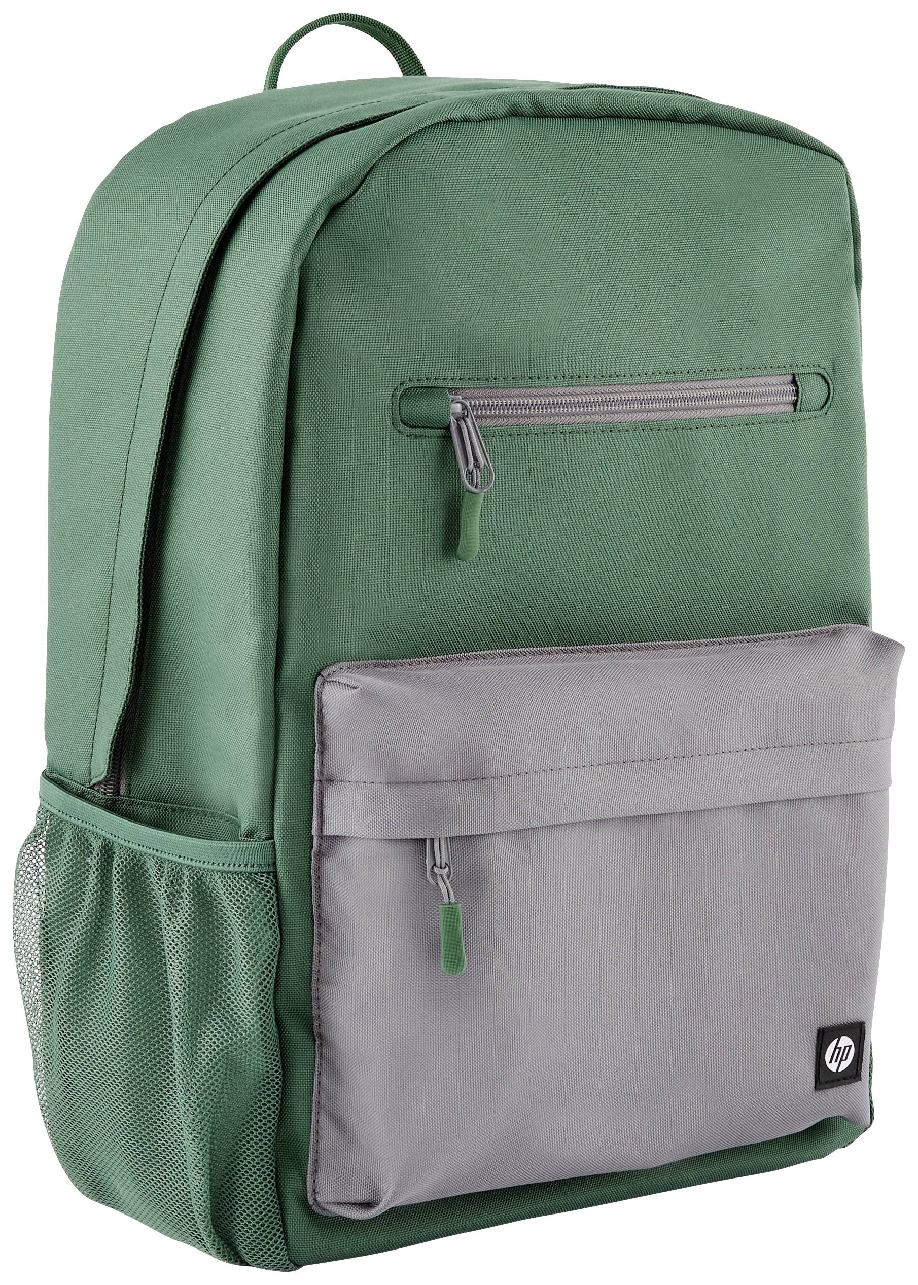 Sac à dos vert avec une poche avant grise et des fermetures à glissière ; poche latérale en tissu filet adaptée aux bouteilles d'eau.