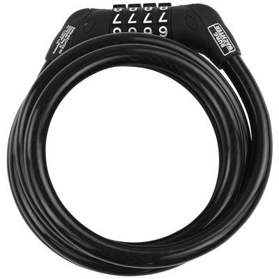 Cadenas de vélo à code numérique, câble noir enroulé. Logo de marque visible.