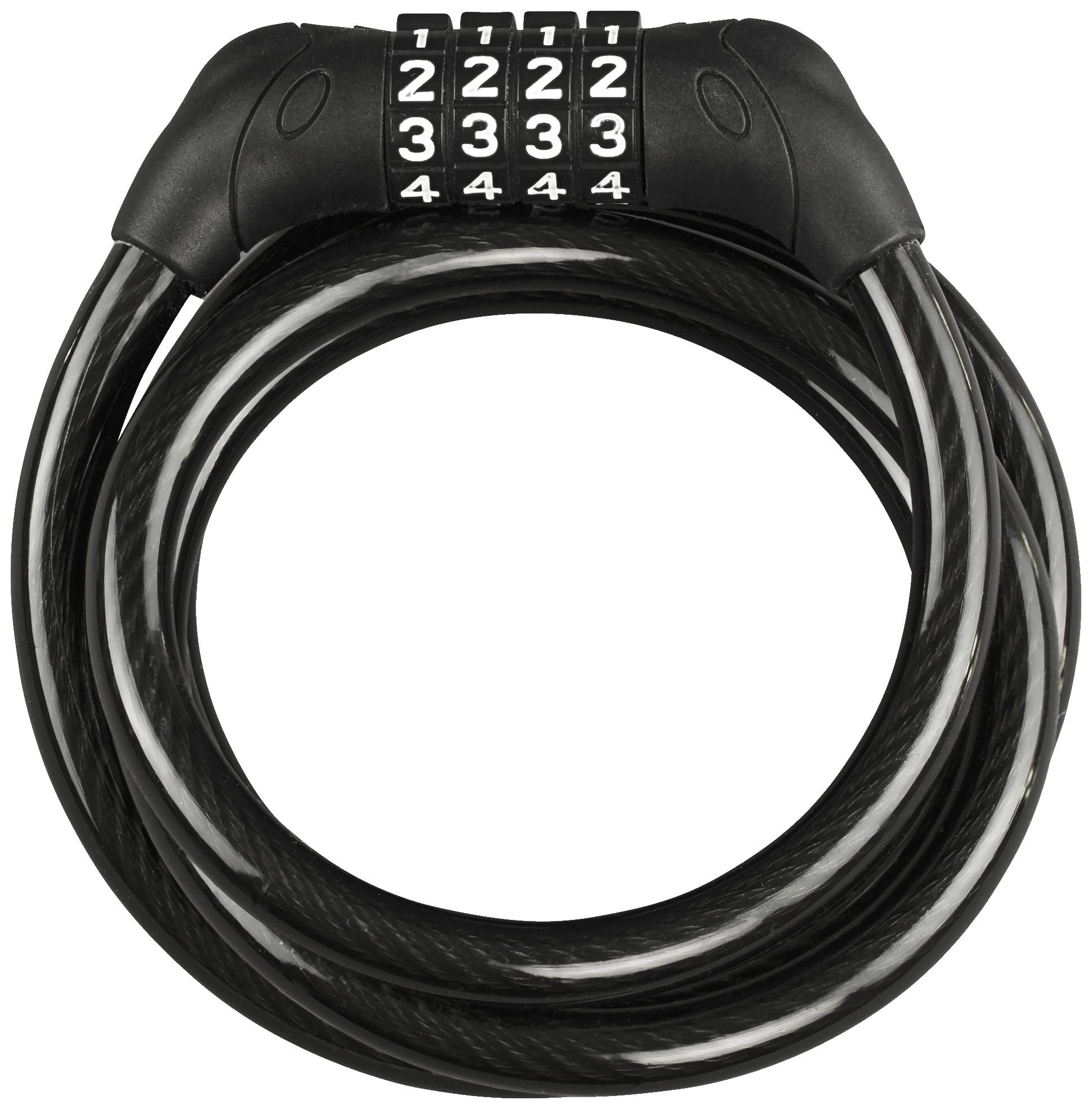 Un cadenas de vélo noir à combinaison numérique à quatre chiffres, réglé sur la combinaison '2-2-2-2'.