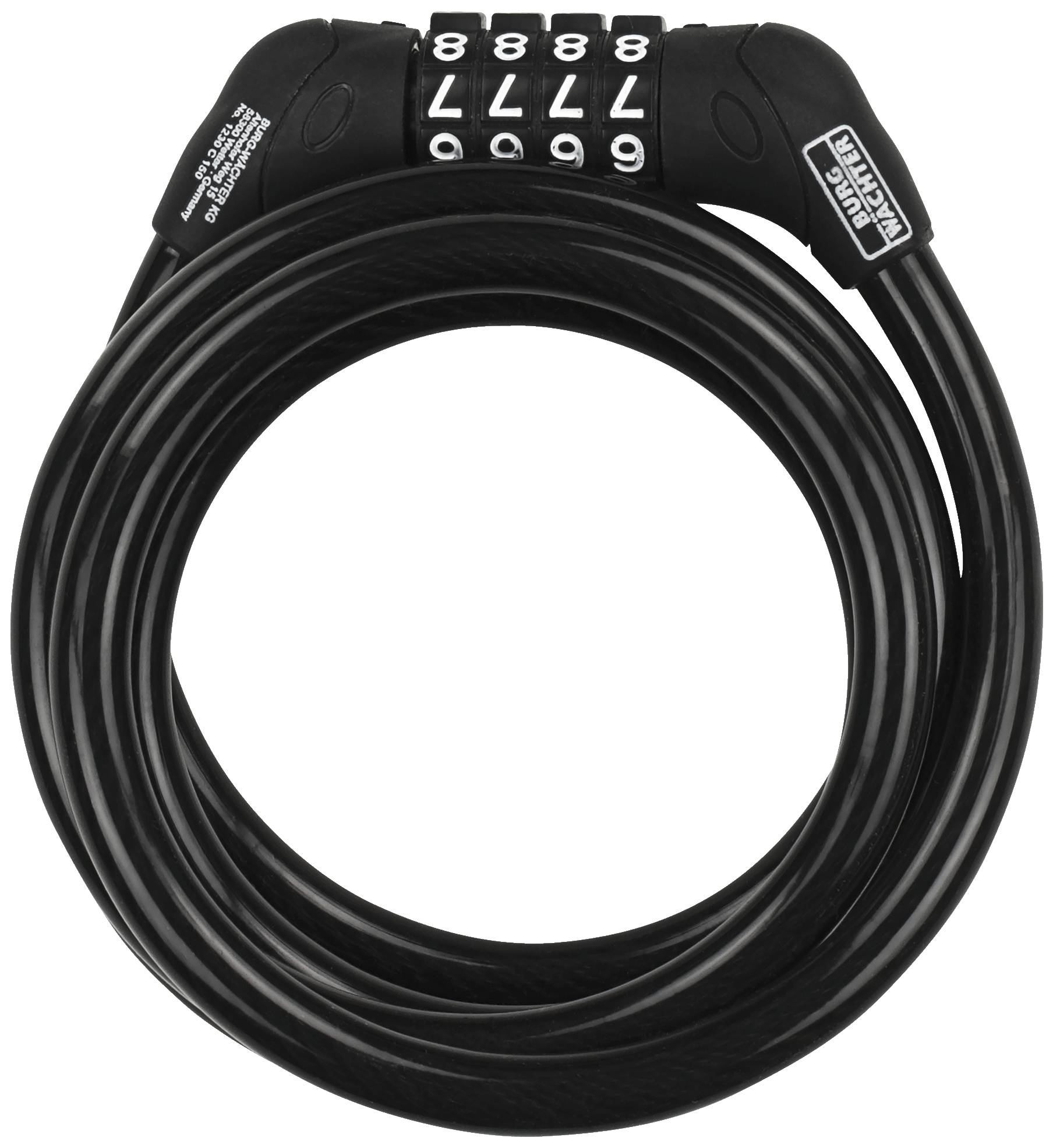 Un cadenas de vélo noir en spirale avec un mécanisme de verrouillage à combinaison numérique. Les chiffres 8888 sont réglés.