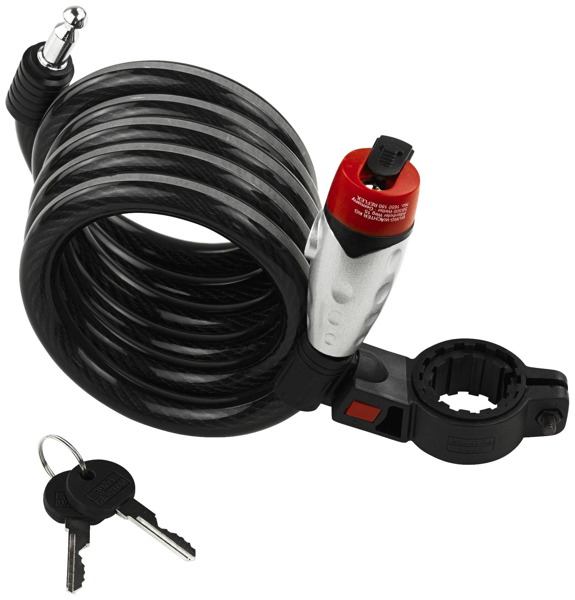 Un cadenas de vélo spiralé en câble noir avec un mécanisme de verrouillage rouge et deux clés à côté.