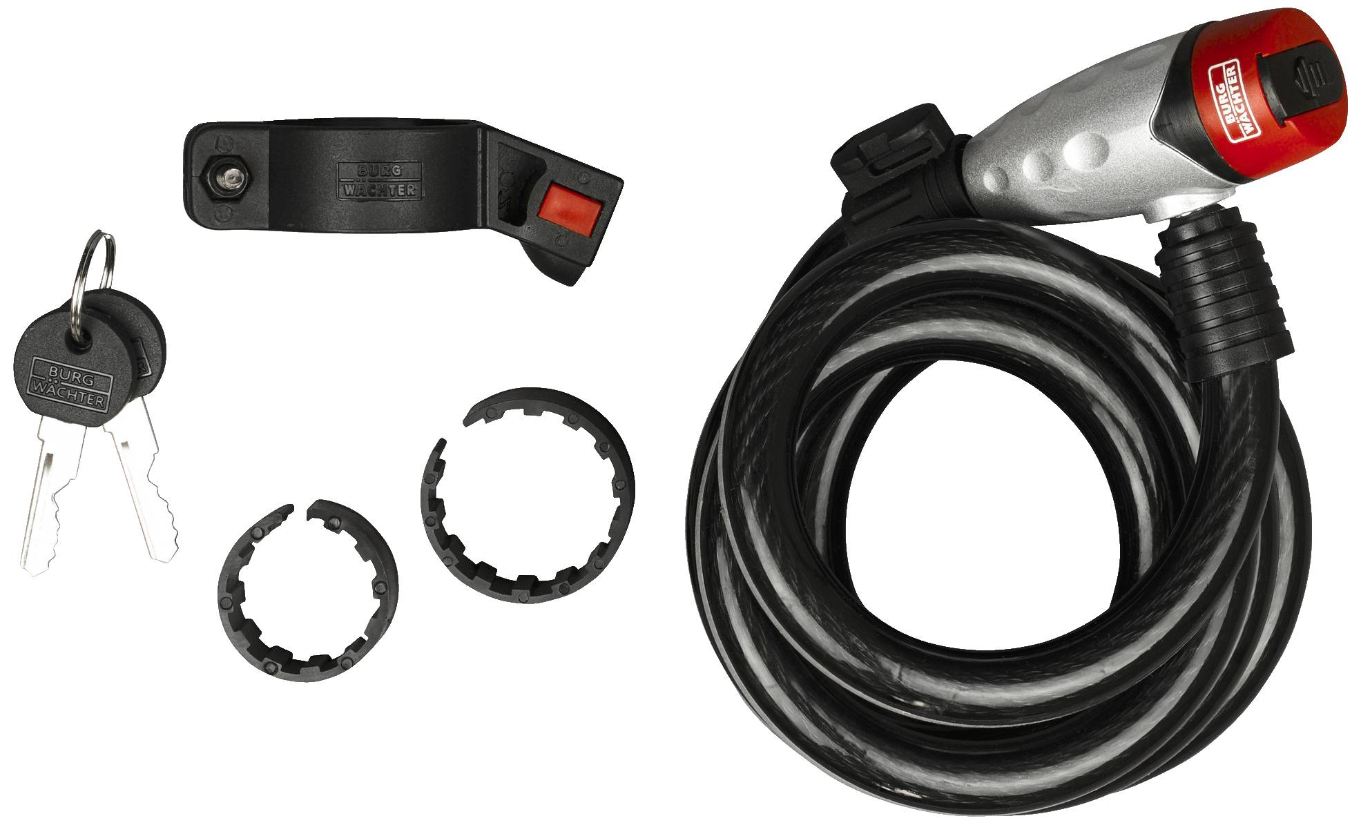 Cadenas de vélo avec câble spiralé, support et deux clés. Le cadenas est noir avec une tête argent et rouge.