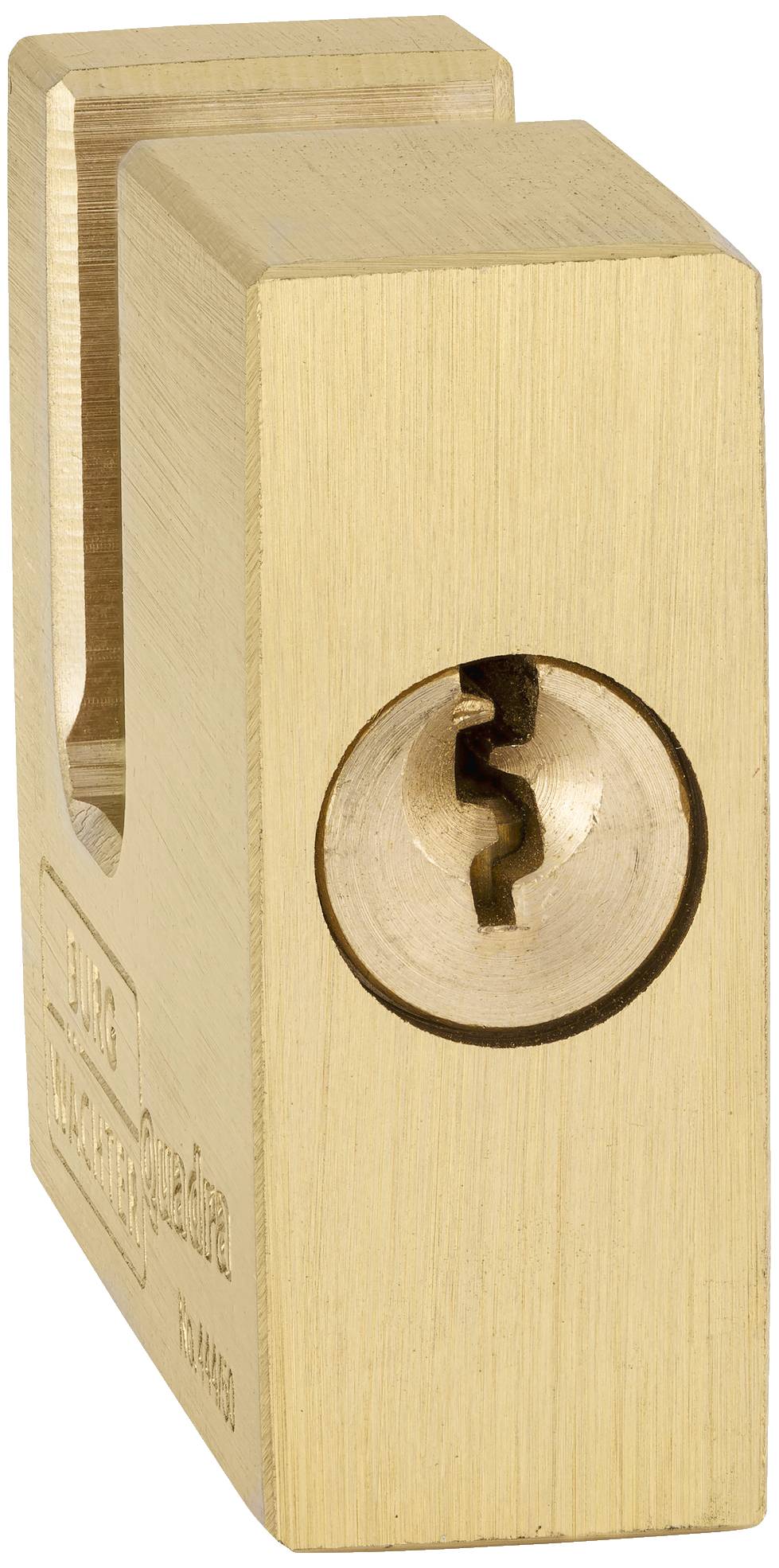 Un cadenas rectangulaire en laiton avec un mécanisme de verrouillage spécial, en gros plan.