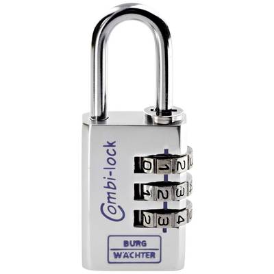 Un cadenas à combinaison argenté portant l'inscription 'Combi-lock' et 'Burg Wächter' affiche la combinaison 0-1-2-4.