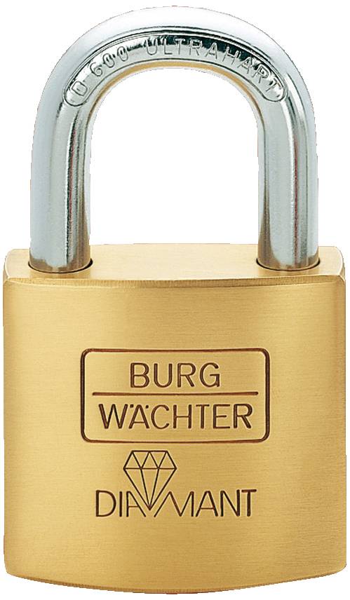 Un cadenas en laiton portant l'inscription 'Burg Wächter Diamant', représenté sur un fond neutre.