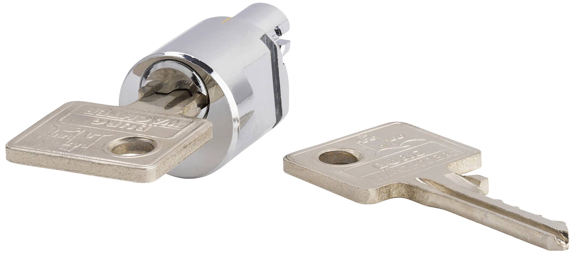 Un cadenas cylindrique en argent avec deux clés, l'une est insérée dans la serrure, l'autre est posée à côté.