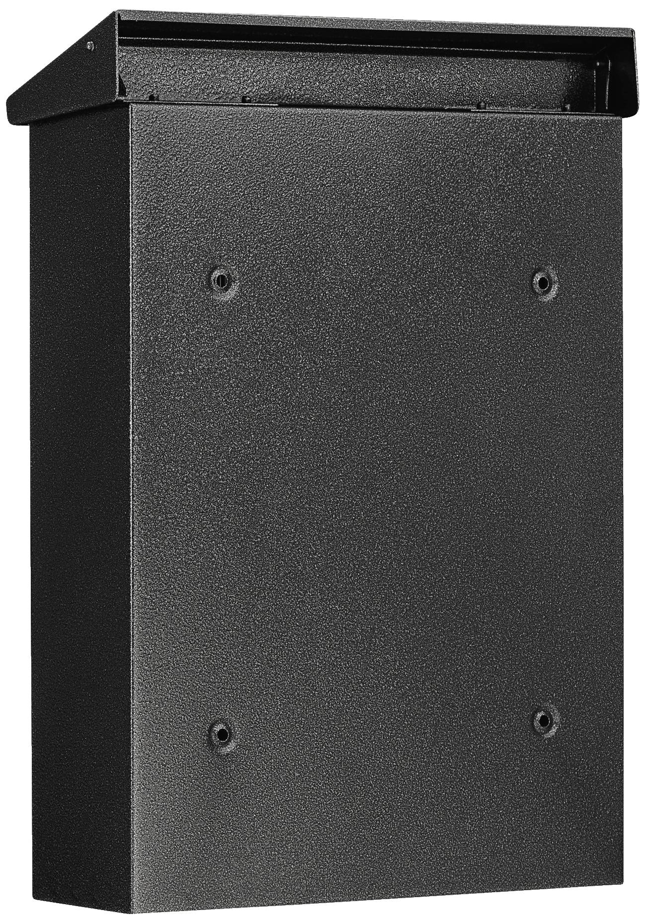 Un boîtier métallique noir, rectangulaire avec des coins arrondis. Quatre points de fixation sont visibles sur la face avant.