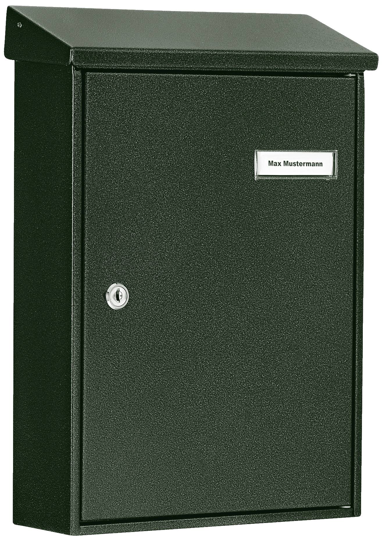 Une boîte aux lettres noire avec une plaque nominative 'Max Mustermann' sur la façade et un trou de serrure en dessous.
