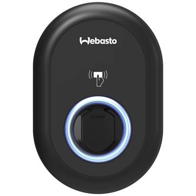 Une station de charge Webasto noire avec un symbole RFID au-dessus d'un anneau lumineux circulaire.