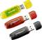Trois clés USB dans les couleurs jaune, rouge et noir, chacune avec un capuchon amovible, affichent le logo 'Intenso' sur leur face avant.