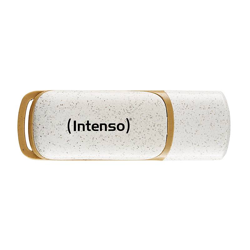 Une clé USB de marque 'Intenso', de couleur blanche avec des touches dorées.