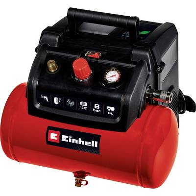 Compresseur d'air portable Einhell rouge avec poignée noire, manomètre, commandes et connecteur de tuyau