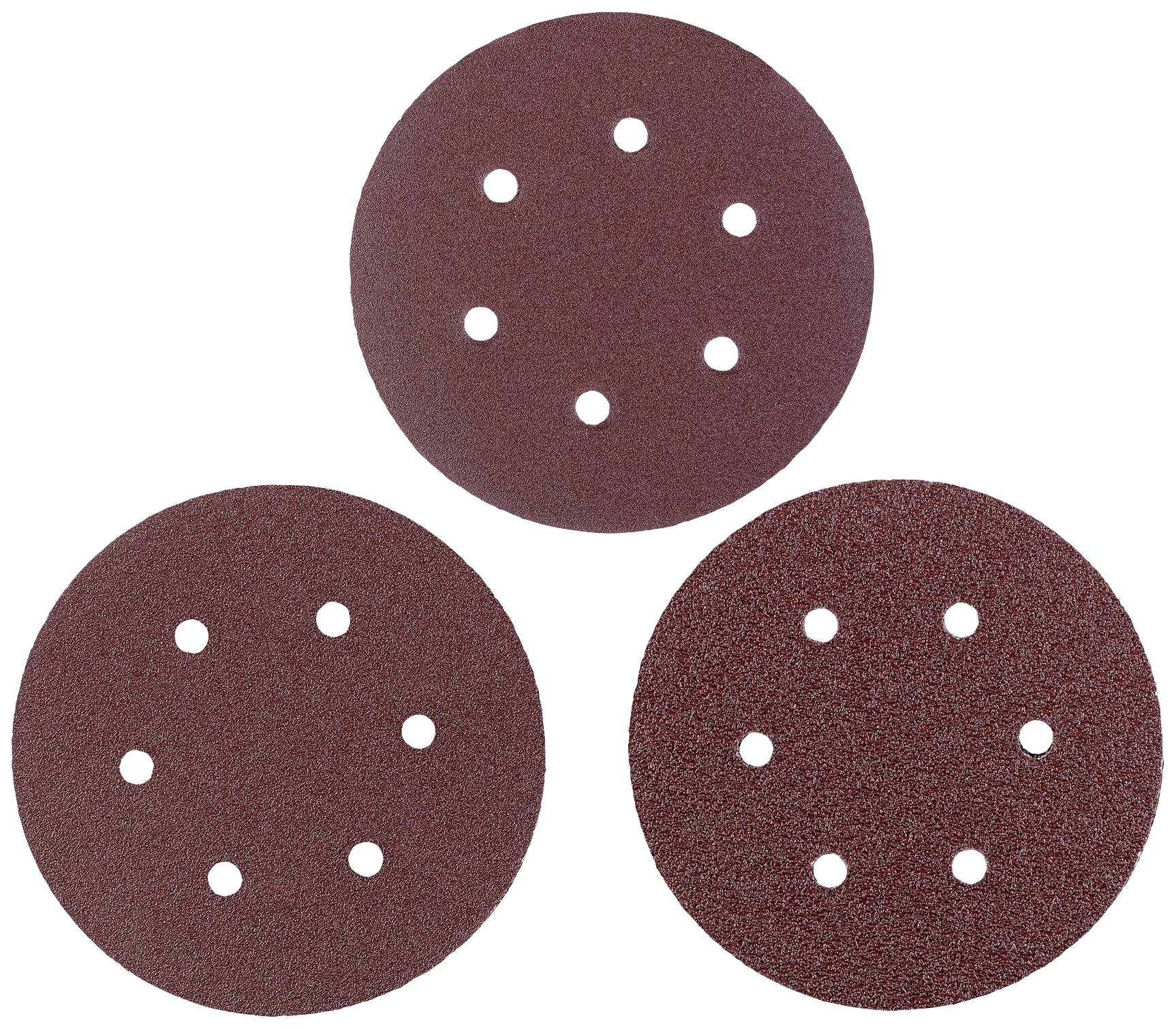 Trois disques abrasifs ronds, chacun percé de six trous disposés de manière uniforme sur un fond blanc.
