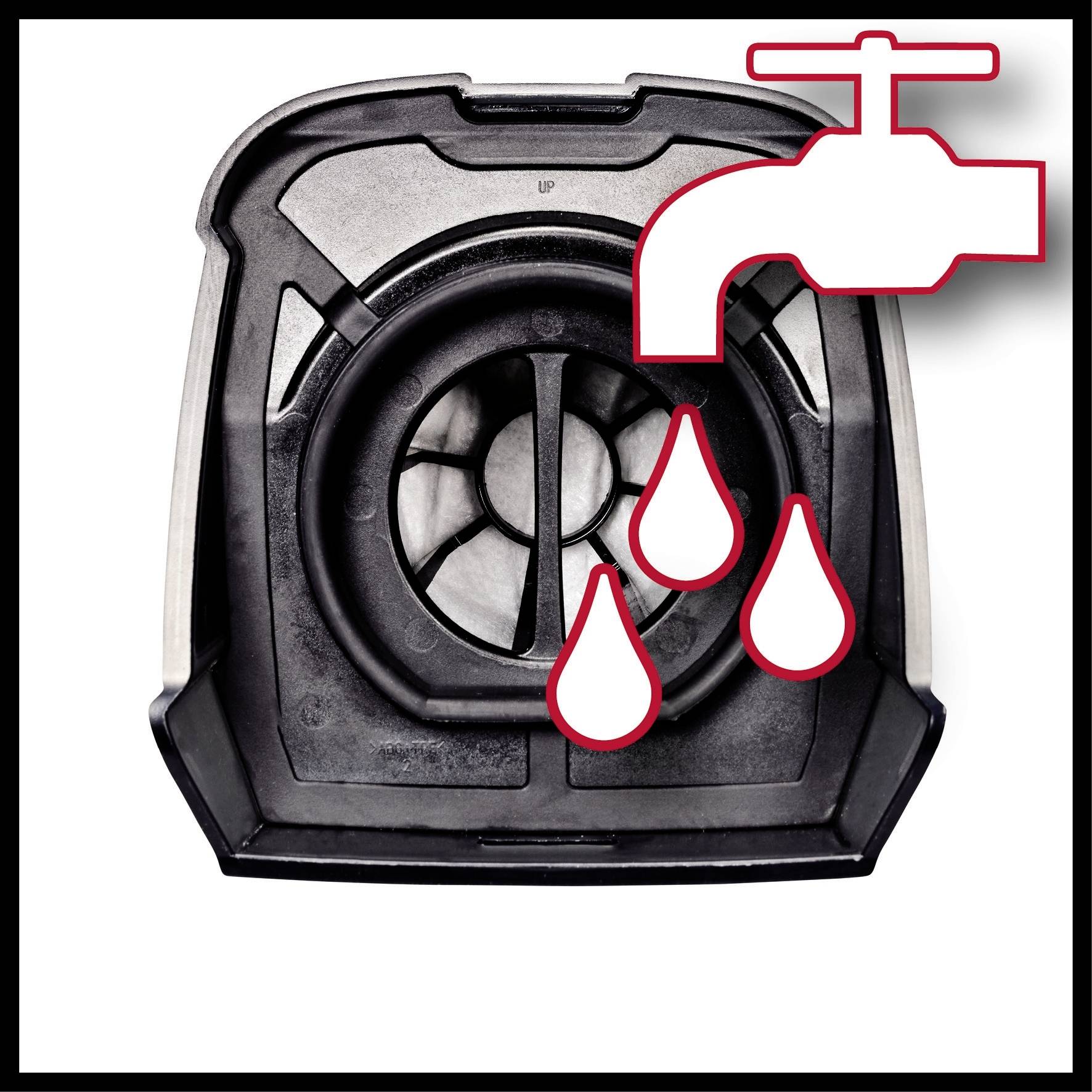 Un symbole de robinet avec des gouttes au-dessus d'une pièce automobile. Pourrait indiquer une fuite de liquide de refroidissement ou une vérification des fluides.