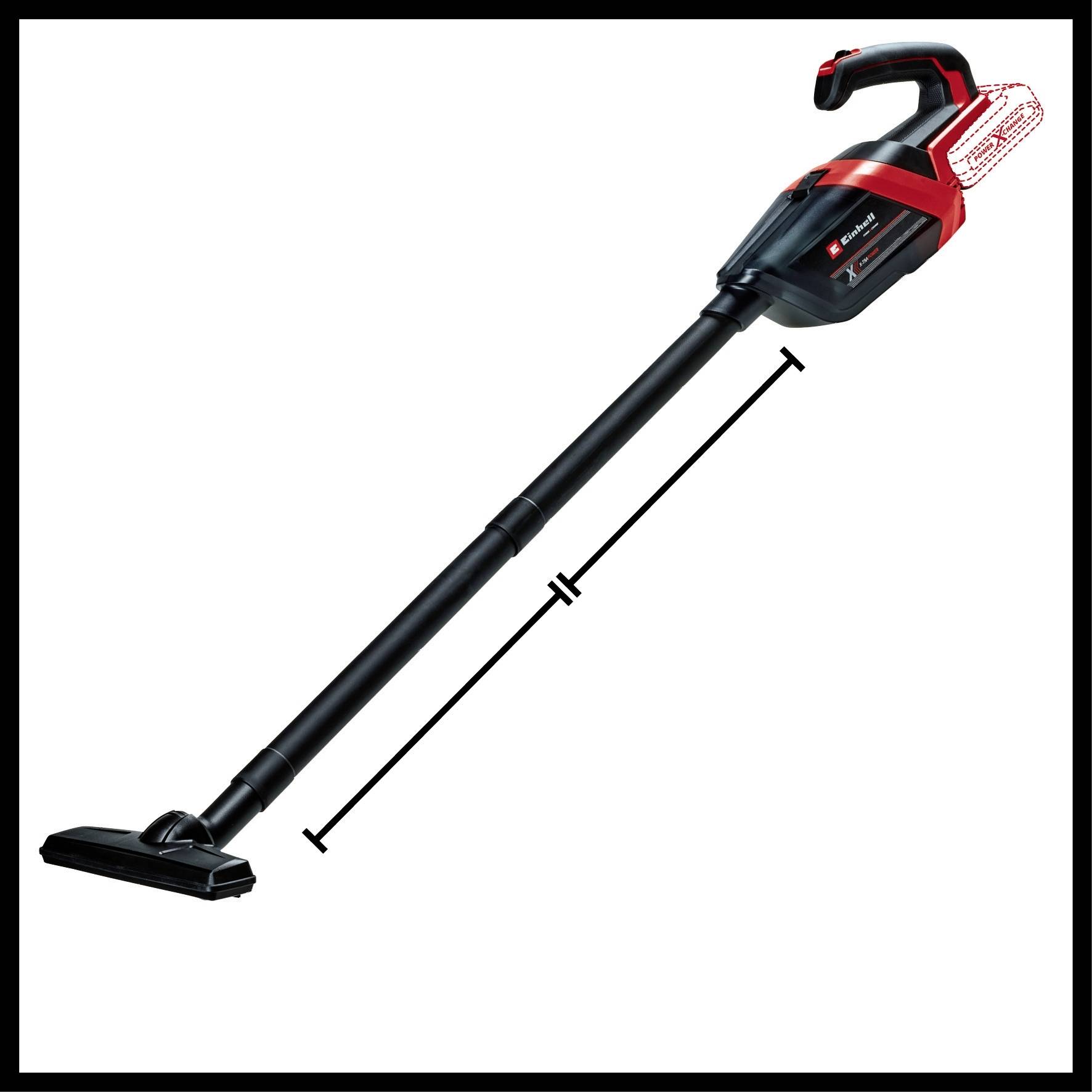 Un aspirateur à main sans fil, rouge et noir, avec une longue tige et une brosse d'aspiration, adapté à différents types de sols.