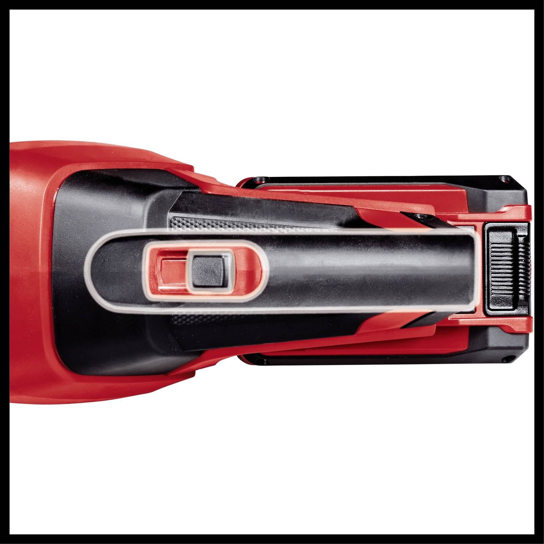 L'image montre une batterie d'outil électrique rouge et noire vue de dessus. L'accent est mis sur l'interrupteur placé au centre.