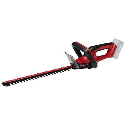 Taille-haie à batterie en rouge et noir avec poignée ergonomique et longue lame de coupe pour travaux de jardinage.