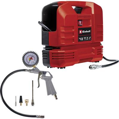 Compresseur d'air électrique Einhell rouge avec manomètre, tuyau et accessoires de pistolet de pulvérisation sur un fond blanc.