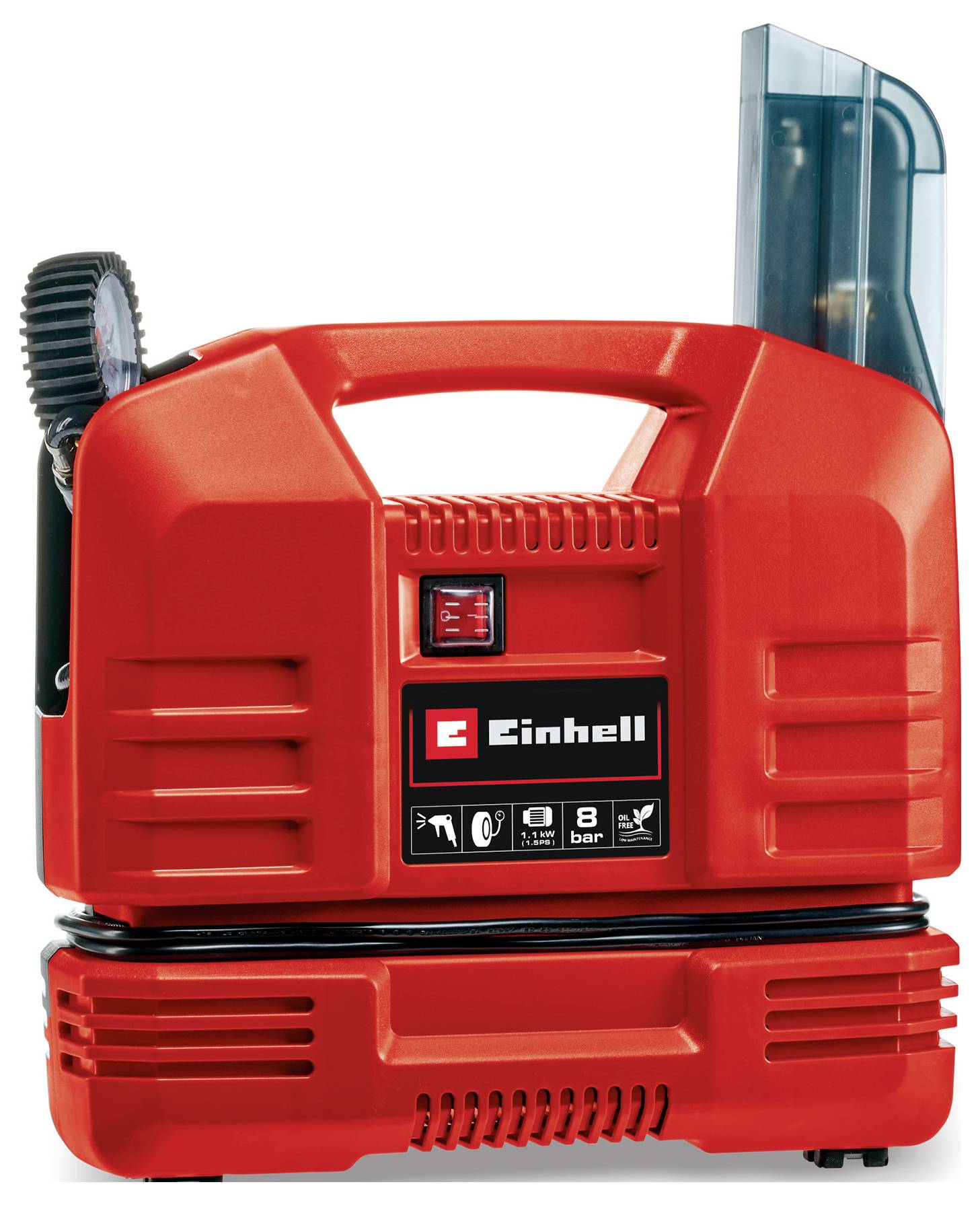 Compresseur d'air portable Einhell rouge avec poignée de transport, manomètre, rangement du tuyau et raccord de tuyau noir sur un fond blanc.