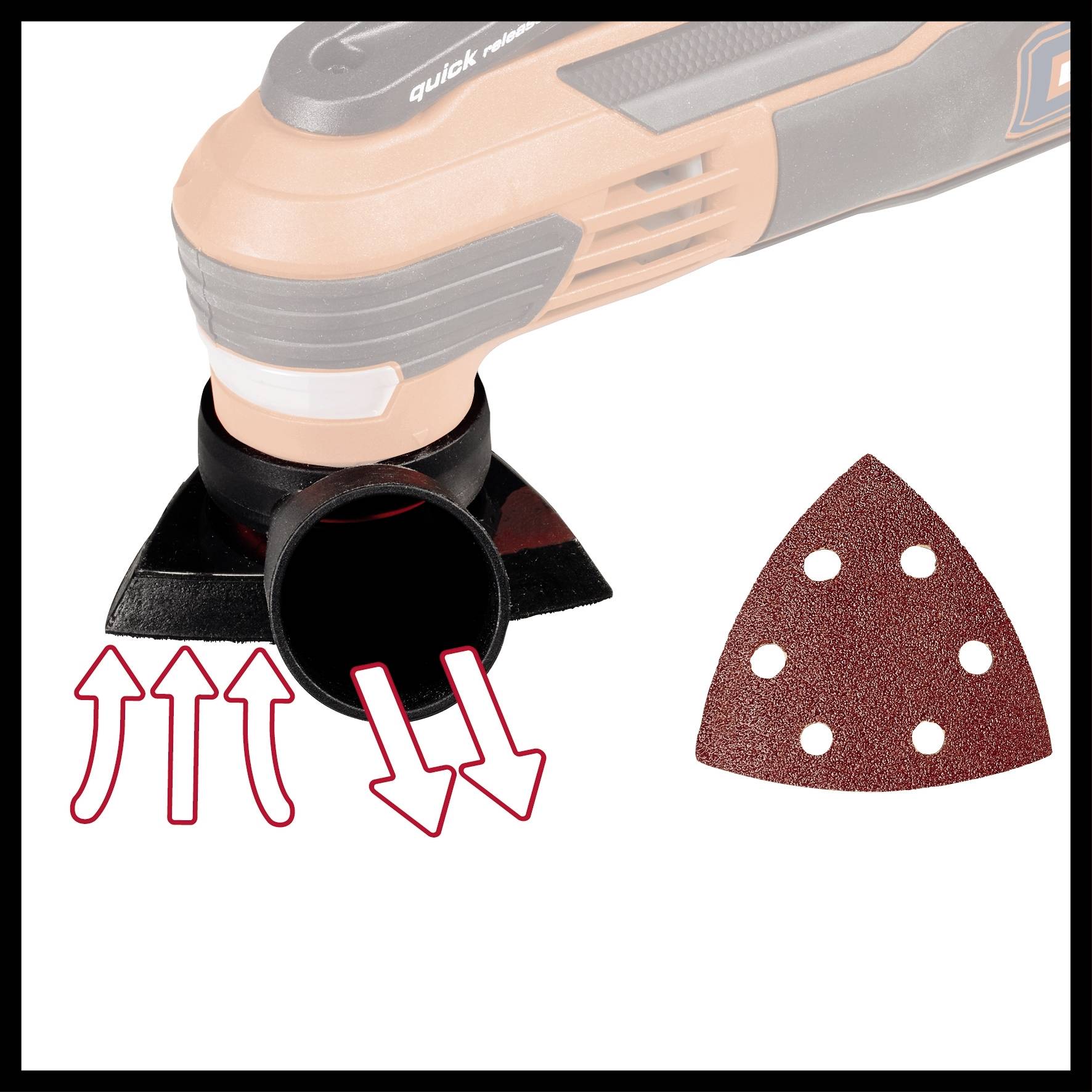 Un outil multifonction électrique avec un accessoire de ponçage est présenté, à côté duquel se trouve un papier de verre triangulaire à six trous.