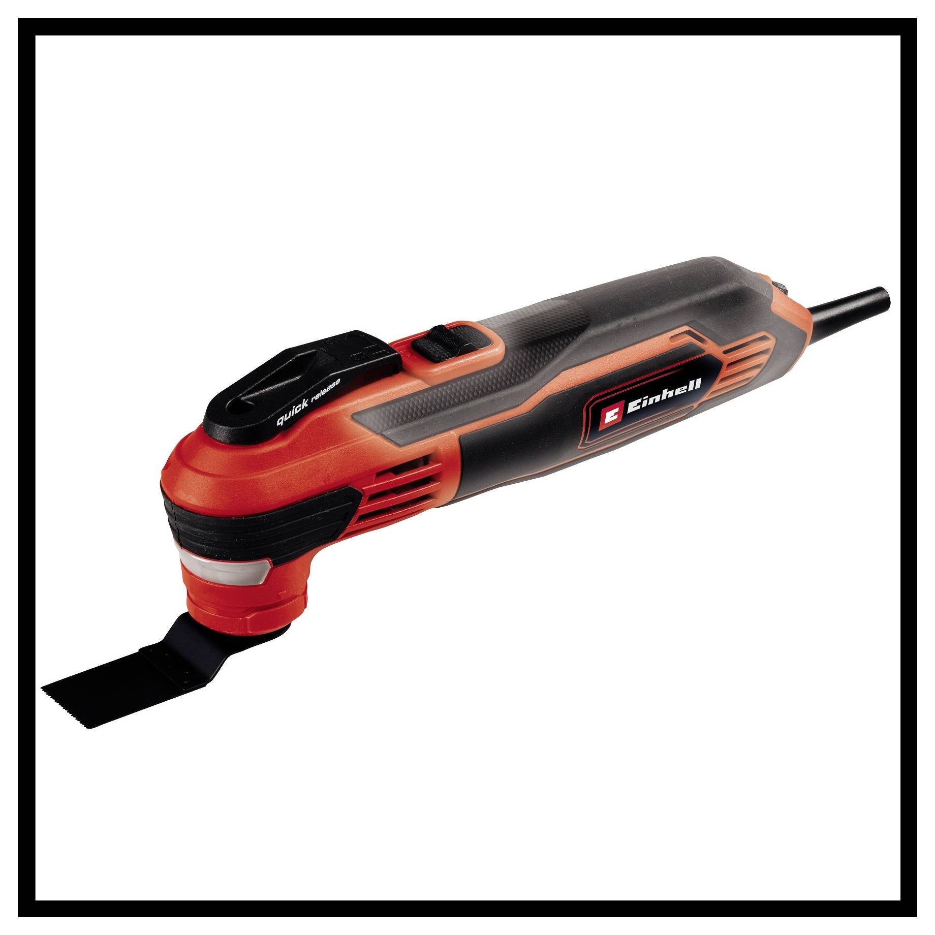 Un outil multifonction rouge et noir d'Einhell avec accessoire, adapté à divers travaux artisanaux.