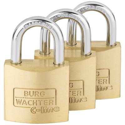Trois cadenas dorés avec des étriers argentés alignés, chacun portant la gravure 'BURG WÄCHTER C-line'.