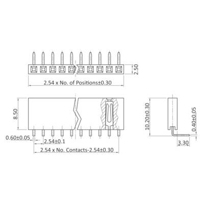 Représentation de plans techniques de construction d'un composant électronique avec des dimensions en millimètres. Contient plusieurs vues.