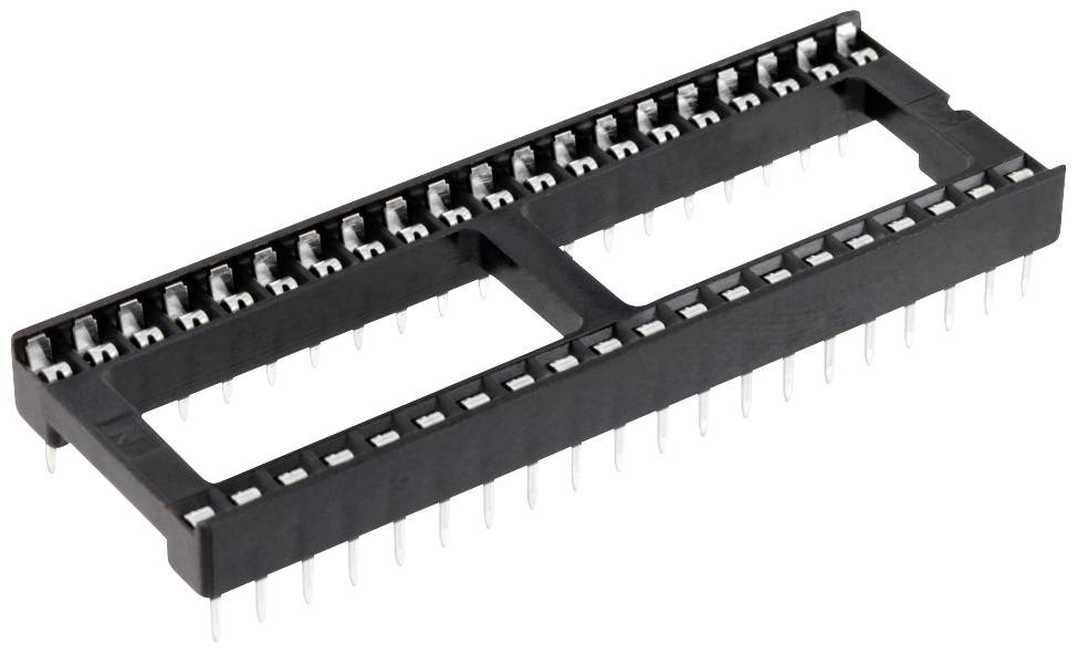 Support IC noir avec de nombreuses broches métalliques, destiné à être utilisé dans des circuits électroniques.